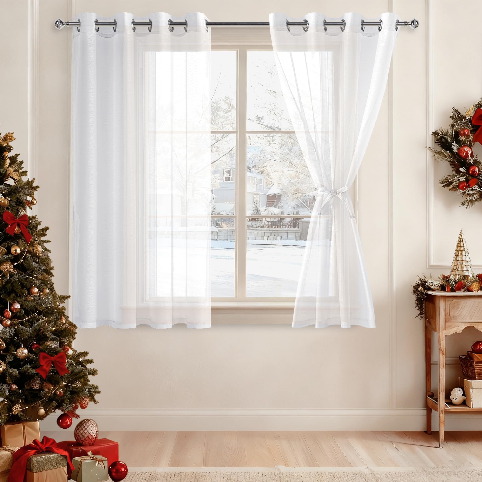 DWCN White Sheer Curtains with Tiebacks Semi Transparent Voile Grommet Curtains Elegant Window Curtains for Bedroom and Living Room,2 Panels,W52 x L45