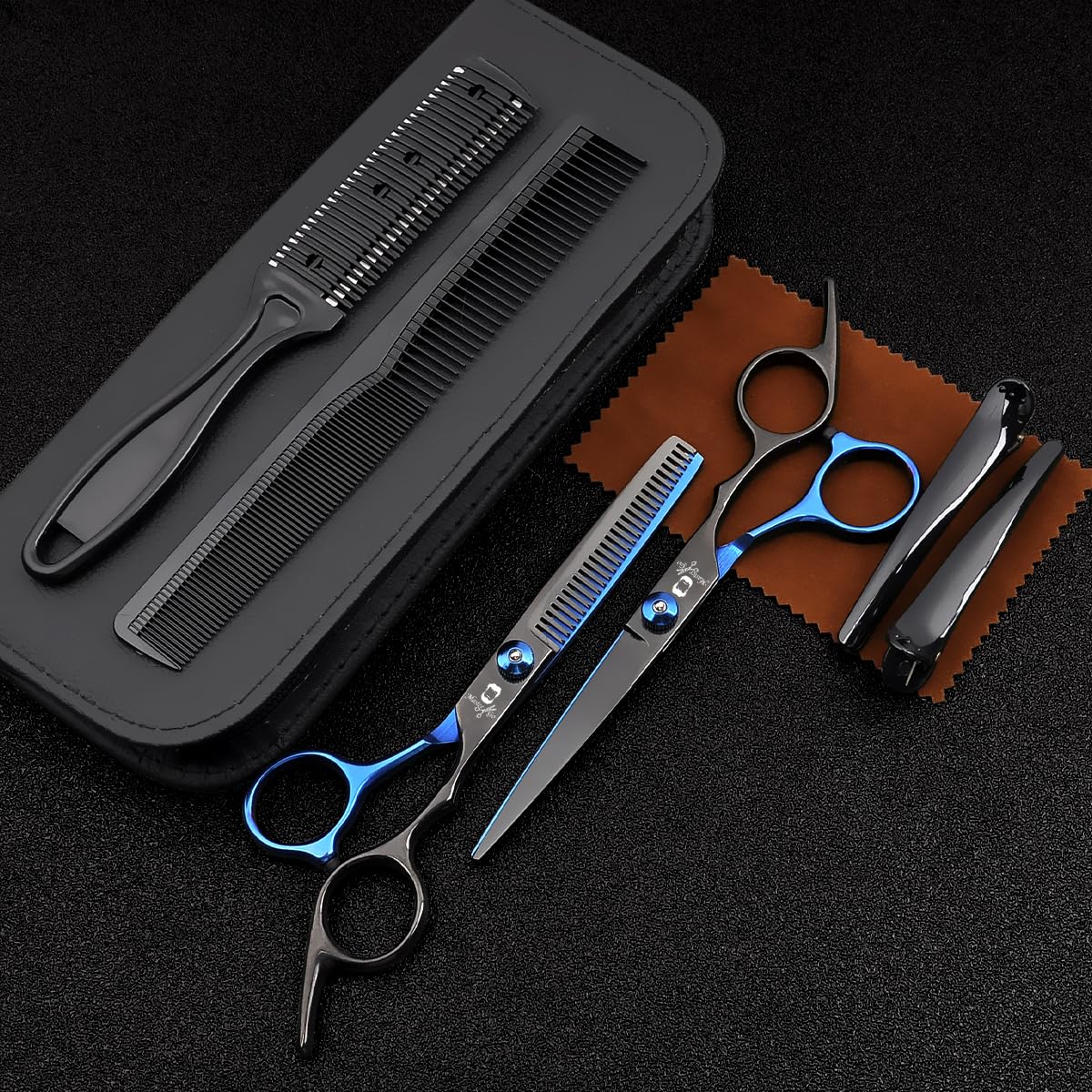 8 PCS Hair Cutting Scissors Kit,Black Blue Professional Home Hair Cutting Barber/Salon Thinning Shears,Hair Cutting Shears Hair Cut Blending Salon Scissor for Men Women Pet
