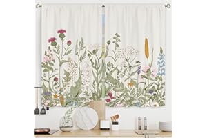 Riyidecor Floral Kitchen Curtains Small Wildflower Cafe Curtains Green Leaves Plant Botanical Rod Pocket Farmhouse Sage Herb Living Room Bedroom Window Drape Treatment Fabric 2 Panels 27.5 x 39 Inch