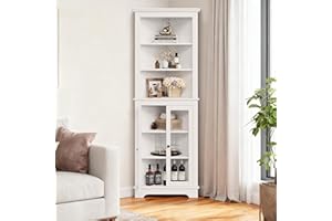 65" Tall Modern Corner Display Cabinet with Glass Doors & Adjustable Shelves, 5-Tier Bathroom Storage Cabinet, Space Saver fo