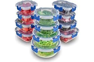 FineDine 24 Piece Glass Storage Containers with Lids - Leak Proof, Dishwasher Safe Glass Food Storage Containers for Meal Prep or Leftovers, Blue