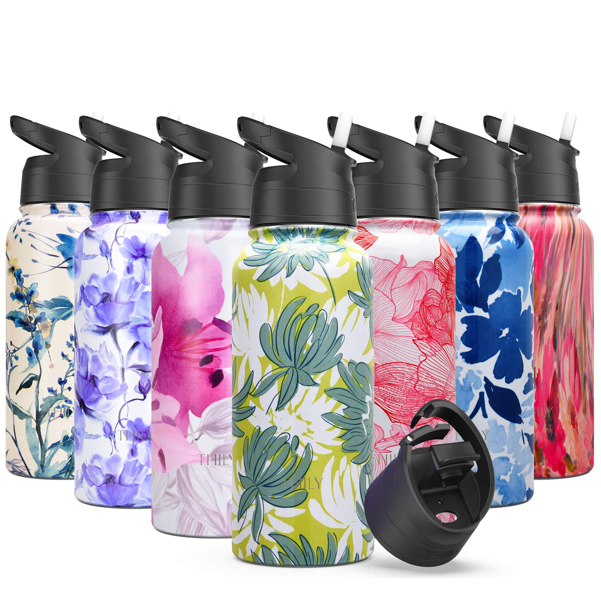 Stainless Steel Insulated Water Bottle - THILY Triple Insulated 945 ml Leakproof Wide Mouth Reusable Water Flask with 2 Lids and Straws, for Gym, Travel, Hiking, Green Chrysanthemum