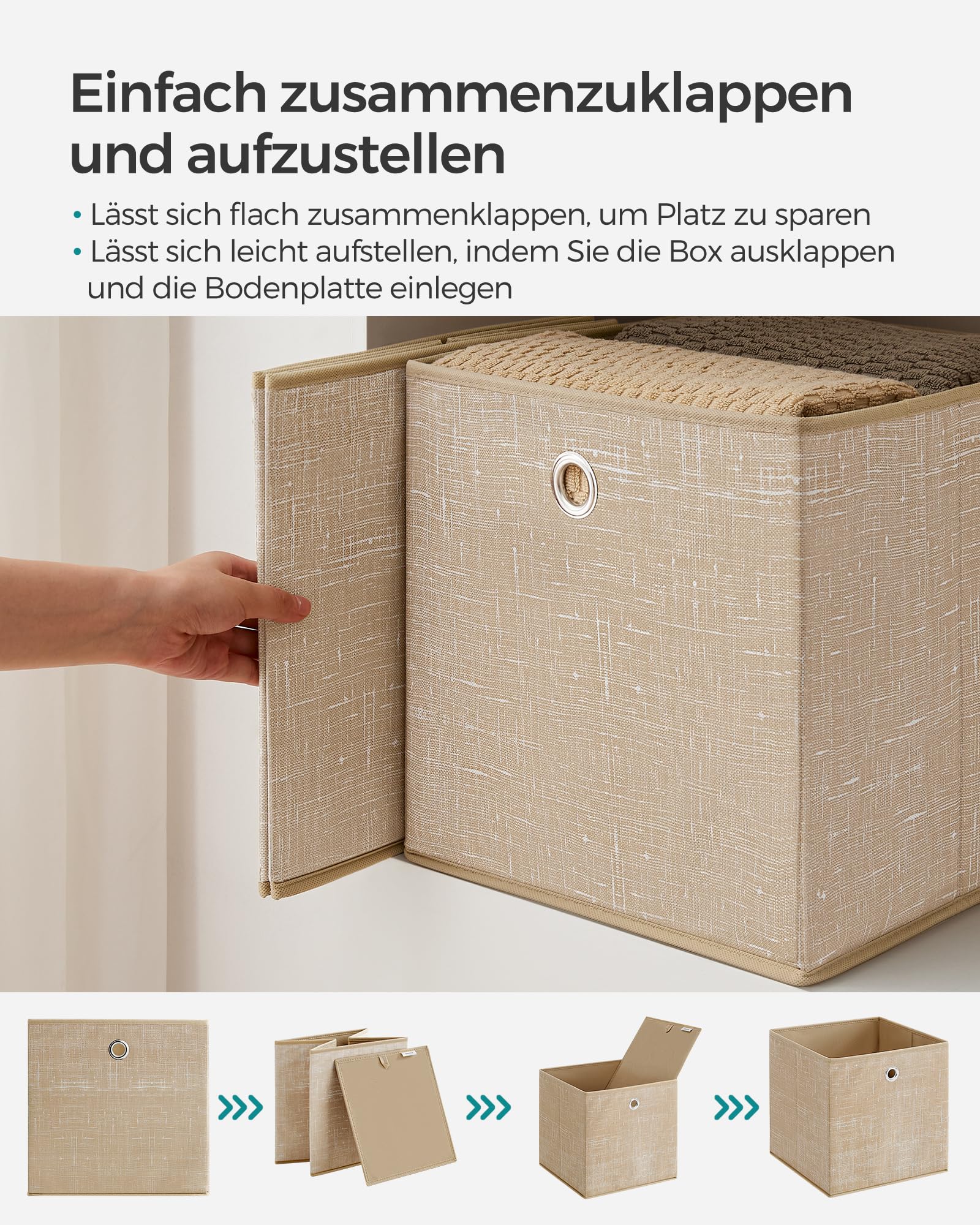 SONGMICS Aufbewahrungsbox, 6er Set, Ordnungsboxen aus Vliesstoff mit Griff, Boxen Aufbewahrung, 30 x 30 x 30 cm, Organizer Box, für Würfelregal, Faltbox, Kleideraufbewahrung, sandbeige RFB006K03 5