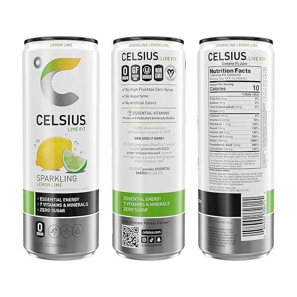 CELSIUS SPARKLING LEMON LIME, FUNCTIONAL ESSENTIAL ENERGY DRINK, 12 FL OZ (PACK OF 12)