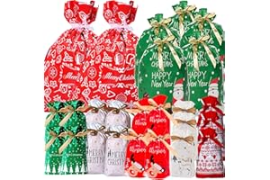 Joy Bang 32PCS Christmas Drawstring Gift Bags Assorted Sizes, Large Christmas Gift Bags with Drawstring, Xmas Snowflakes Santa Snowmen Reindeer Gift Wrap Bags for Presents, Xmas Treat Goody Candy Wrapping Bags with Ribbon Ties, Party Supplies Favors