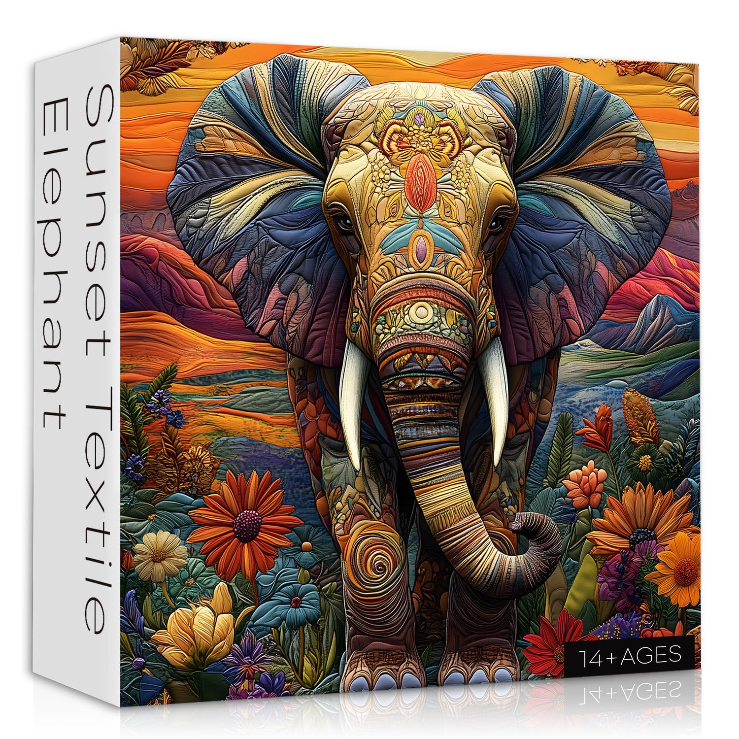 Photo 1 of Elephant Puzzles for Adults 1000 Pieces, Larkipuzz Patchwork Mountain Puzzle Wildflower, Vintage Sunset Jigsaw Puzzles for Wall Decor