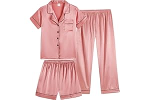 Vopmocld Satin Pajama Sets Unisex Boys and Girls Silk Button Down Short Sleeve & Shorts & Pants Sleepwear 3PCS Loungewear PJS