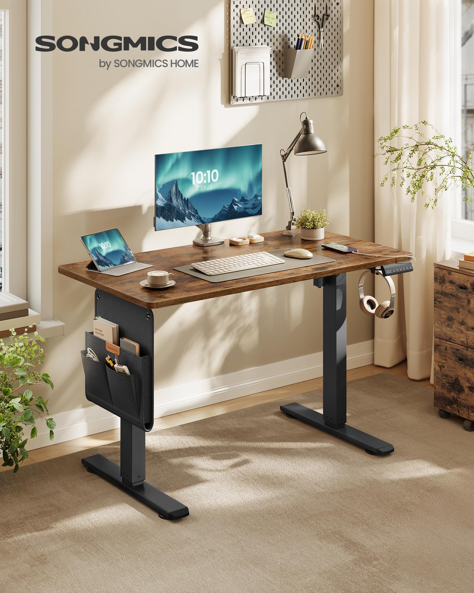 SONGMICS Höhenverstellbarer Schreibtisch elektrisch, 100 x 60 cm, Verstellbarer Tisch, Memory-Funktion für 4 Höhen, für Büro, vintagebraun LSD130KD01 2
