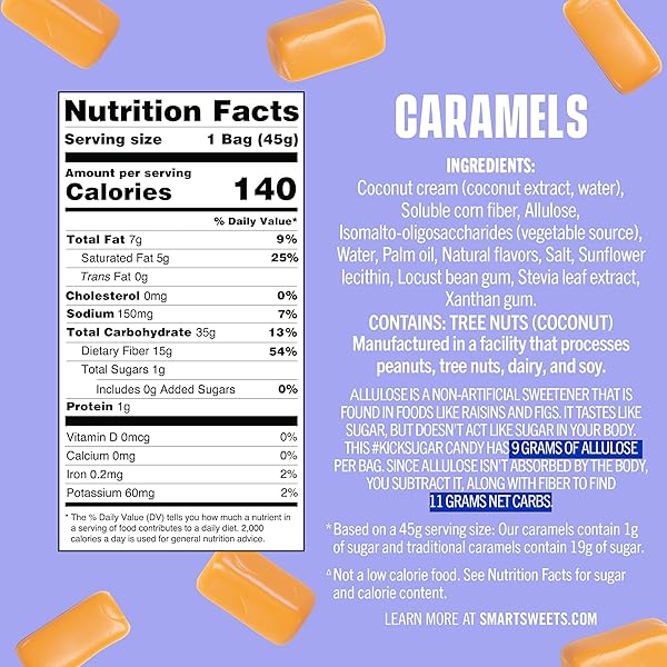 SMARTSWEETS CARAMEL CANDIES, 1.6OZ (PACK OF 12), CREAMY CANDY WITH LOW SUGAR (1G), LOW CALORIE (140), PLANT BASED, GLUTEN FREE, NO ARTIFICIAL COLORS OR SWEETENERS, HEALTHY SNACK FOR KIDS & ADULTS