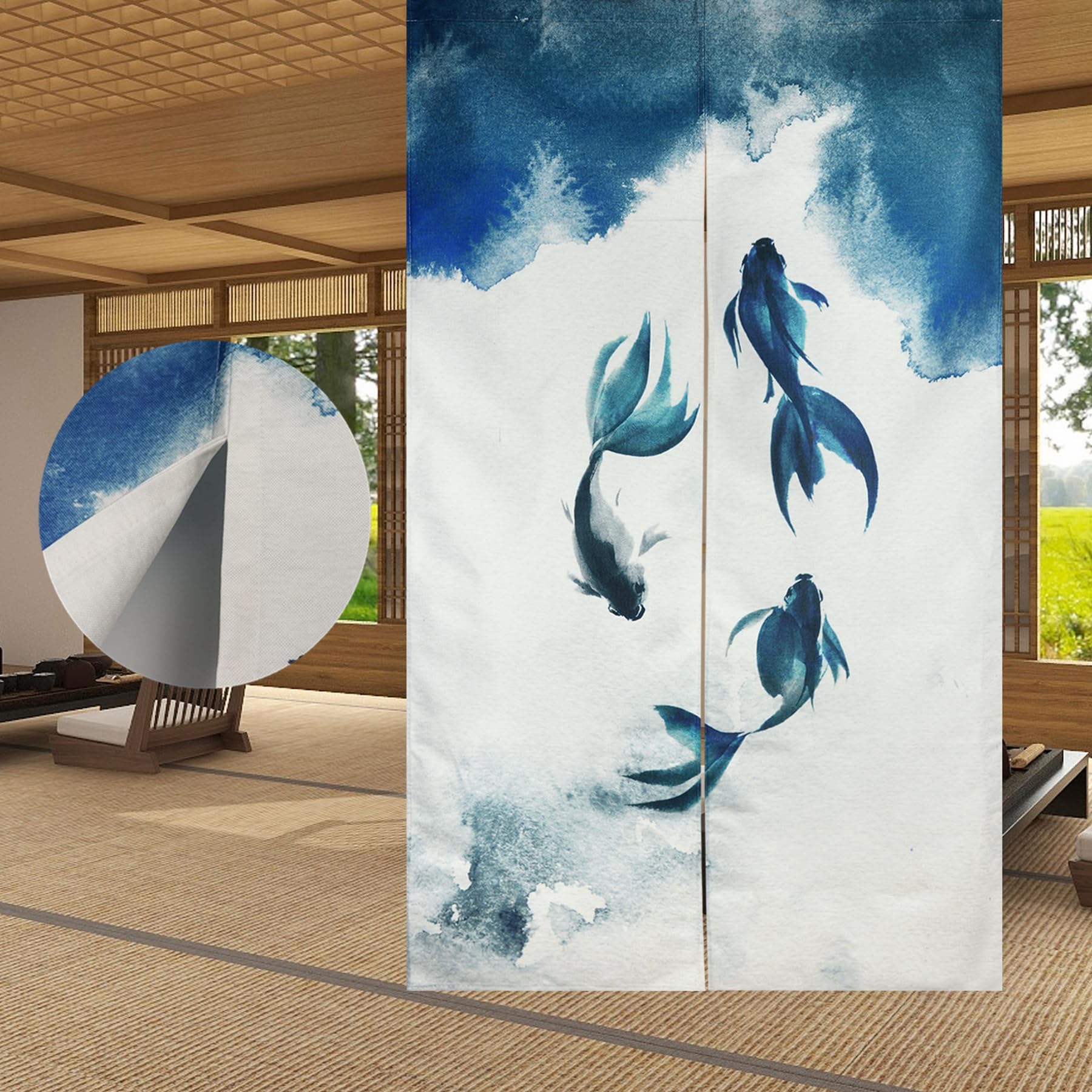 LIGICKY Chinese Ink Style Japanese Noren Doorway Curtain Thicken Koi Fish Printed Asian Window Treatment Hanging Door Tapestry for Sushi Kitchen Home Decoration 85 x 150 cm (Double Sided)