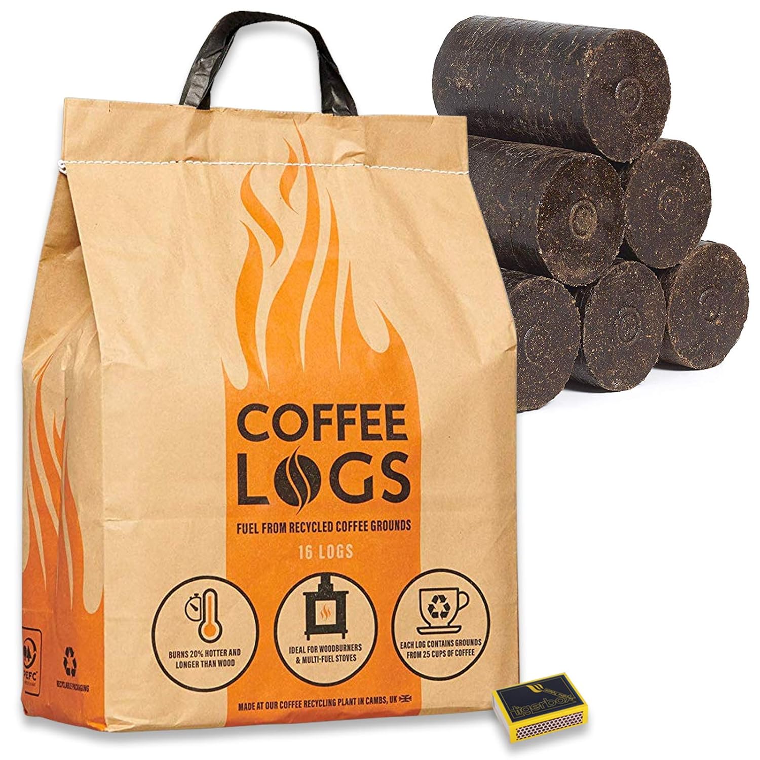2 Packs of 16 Coffee Logs & Tigerbox Safety Matches. Carbon Neutral