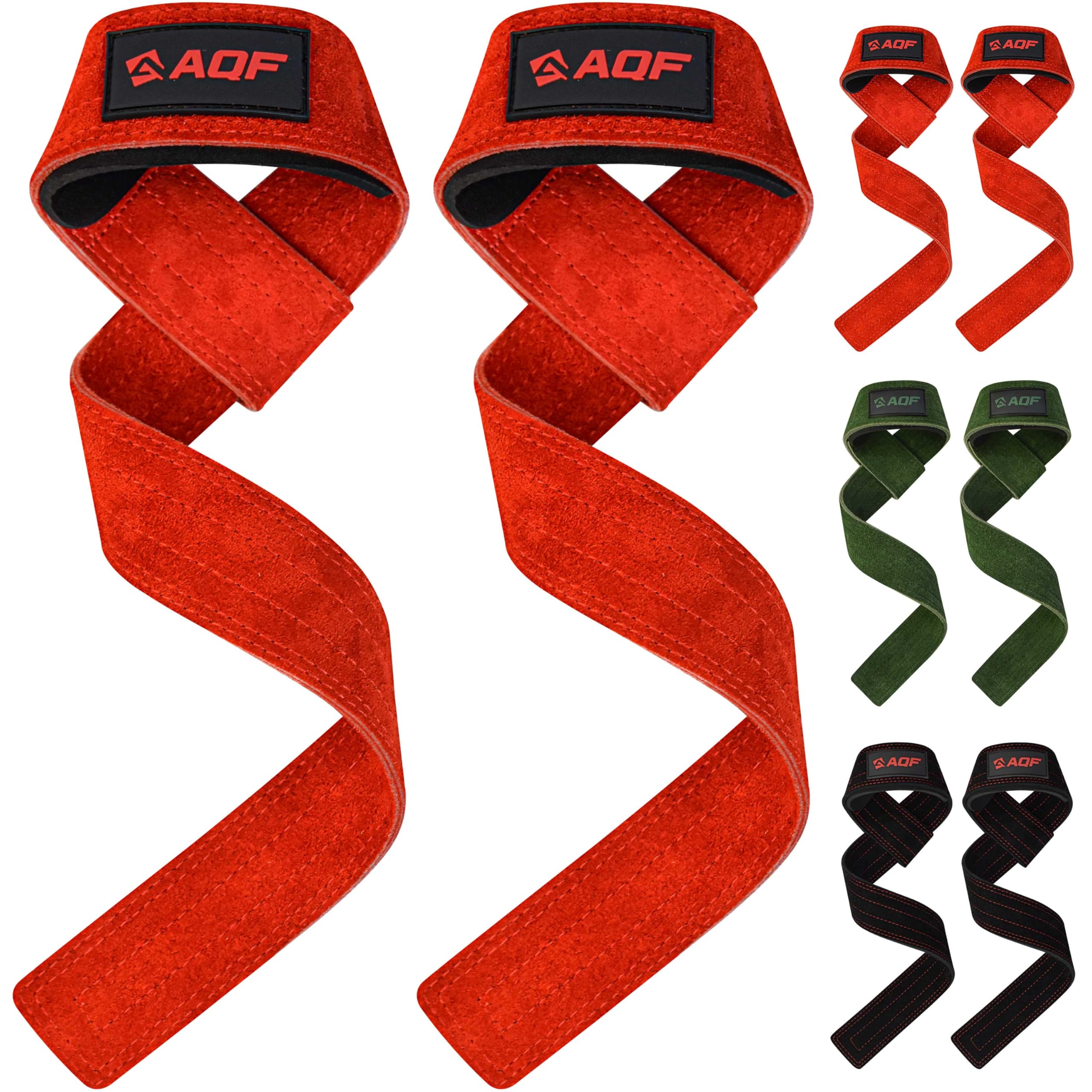 AQF Premium 100% Suede Leather Weight Lifting Straps - Handmade, Neoprene Padded Heavy Duty Gym Lasso Lifting Straps for Deadlifts, Rows, Pull-Ups Extra Long (Red)