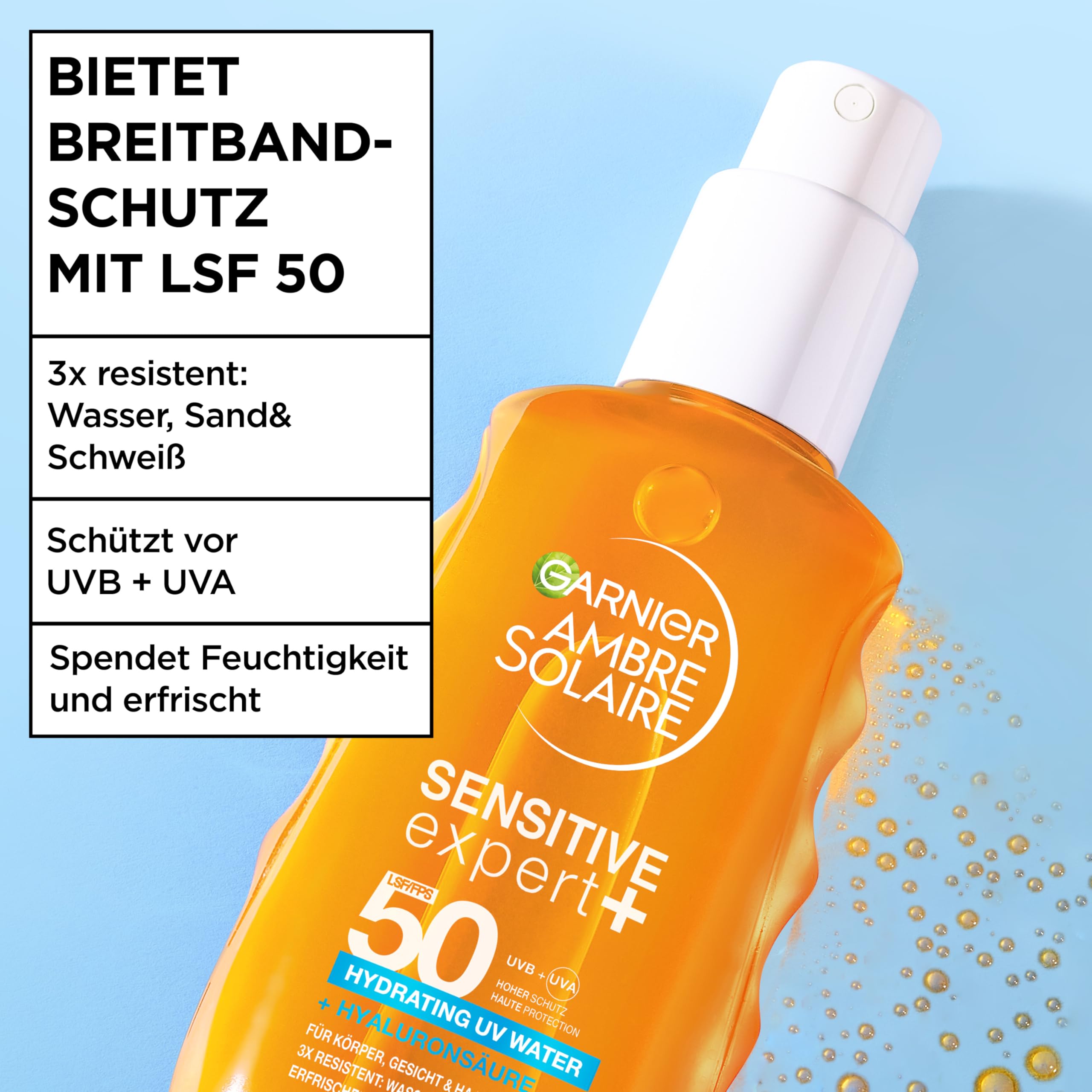 Garnier Ambre Solaire Sensitive Expert + Hydrating UV Water Sonnenschutzspray LSF 50 – Sonnen-Spray für Körper, Gesicht, Kopfhaut & Haare – Wasserfest, sandresistent & nicht fettend – 150ml 3