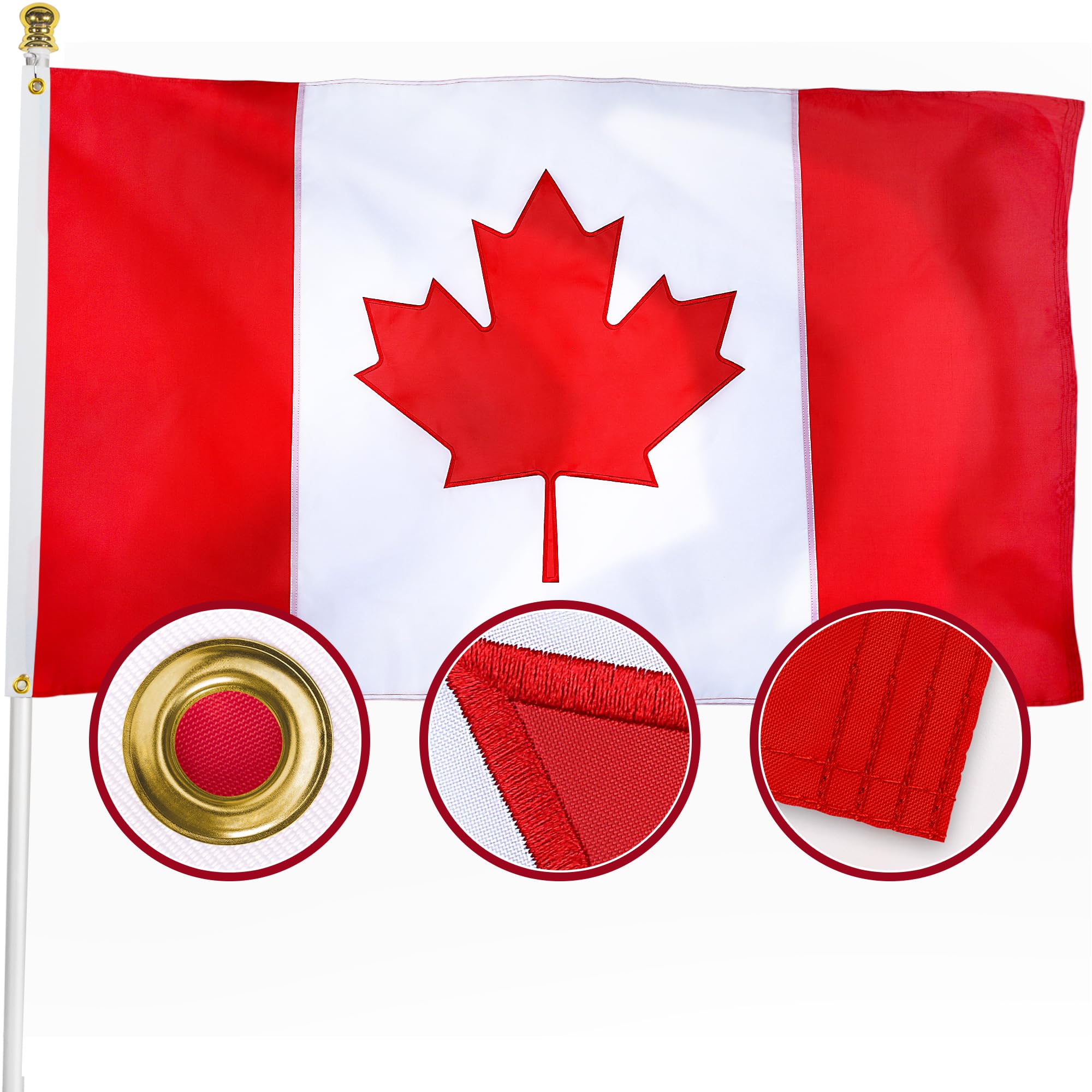Photo 1 of XIFAN Premium Embroidered Canada Canadian Flag 3x5 Outdoor, Double Sided Heavy Duty 210D Nylon Canadian National Country Flags, with Sewn Stripes 4 Stitch Hemming, Vibrant Print Brass Grommets