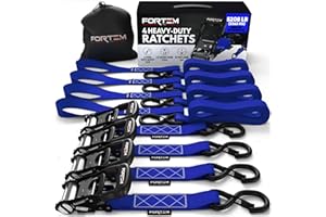 FORTEM Ratchet Tie Down Straps, 2362kg Break Strength, 4 Pack 3.048m x 3.81cm Heavy Duty Straps, 4 Soft Loops, Cam Buckles fo