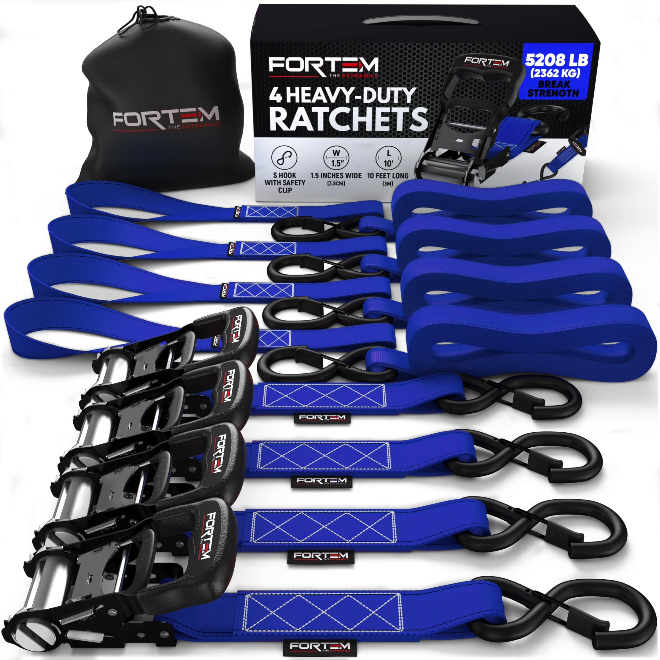 FORTEM Ratchet Tie Down Straps, 2362kg Break Strength, (4) 3.04 Meter Heavy Duty Straps, (4) Soft Loops, Rubber Coated Metal Handles, Safety S Lock Hooks, Carrying Bag (Blue)