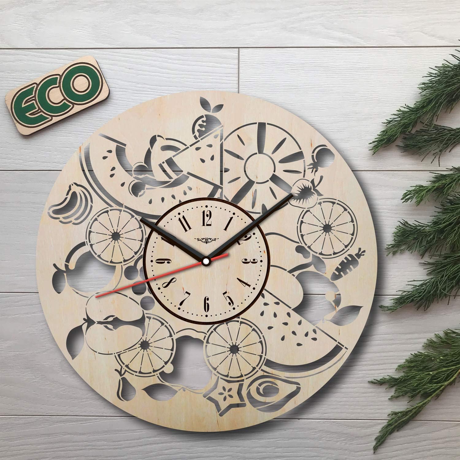 Fruits Kitchen Wall Clock - Battery Operated Non Ticking Clocks - Wood Modern Wall Decor - Kitchen Office Bedroom Decorative Clocks - Custom Gift Birthday Christmas Anniversary - Size 12 Inch