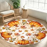 Fall Round Area Rug 5ft,Machine Washable Autumn Orange Pumpkin Maple Leaf Round Rug Non-Slip Thanksgiving Circle Rugs Low-Pile,Indoor Floor Carpet Mat for Living Room Bedroom Kitchen Dining Entryway
