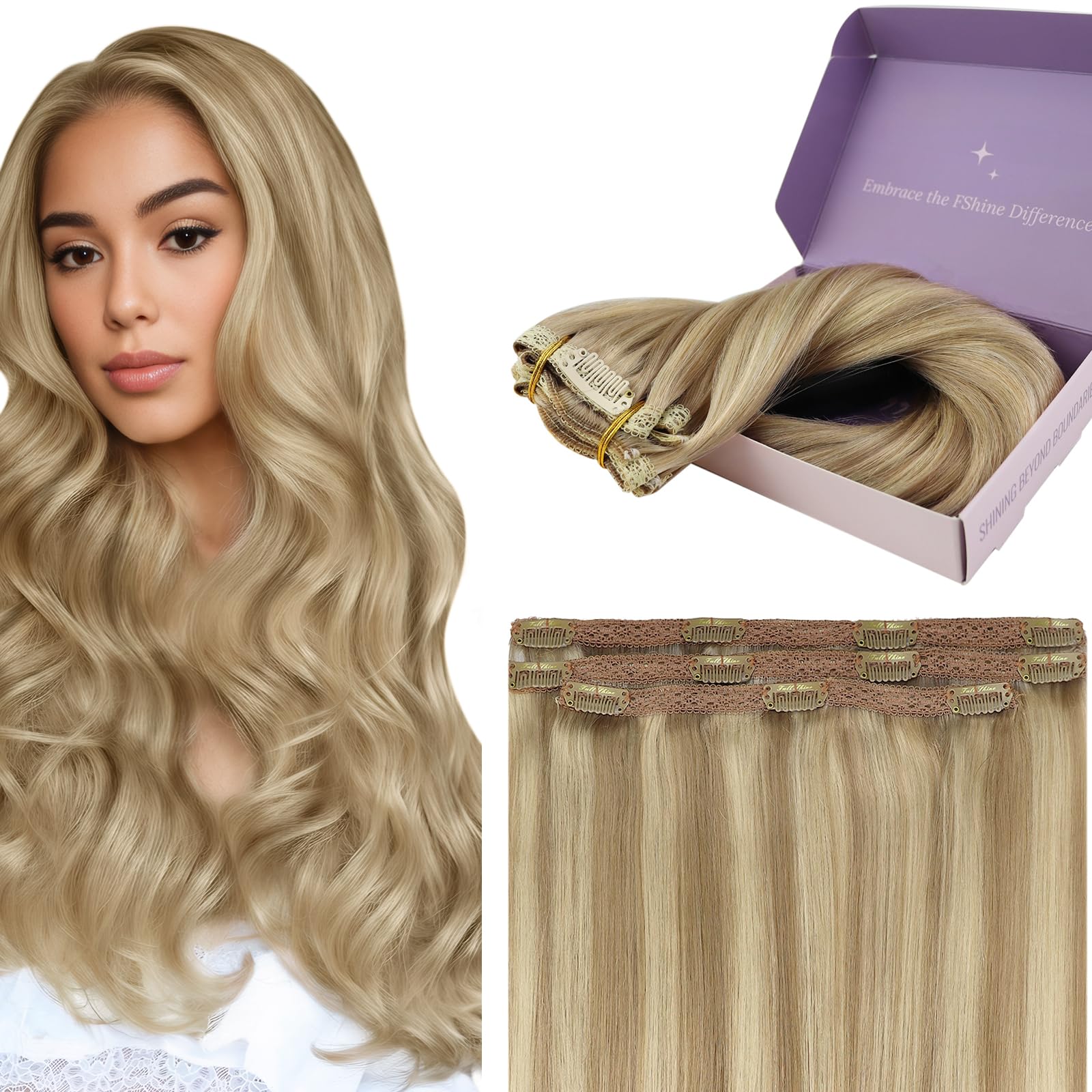 Fshine Clip in Hair Extension Real Human Hair Highlight Dirty Blonde and Platinum Blonde 12 Inch Clip in Hair Extensions Remy Human Hair 50g Real Hair Extensions Clip In 3Pcs — image 1