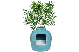 Good Pet Stuff Hidden Litter Box & Reusable Liner Essentials Kit, Round Enclosed Cat Planter Furniture, Fake Plant, Hooded Vented Carbon Filter System for Odor Control, Easy to Clean, Caribbean Blue