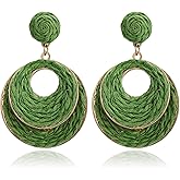 RUOFFETA Handmade Raffia Hoop Earrings for Women - Lightweight Boho Dangle Jewelry, Summer Beach Vacation Accessories, Round Oval Straw Wrap Design