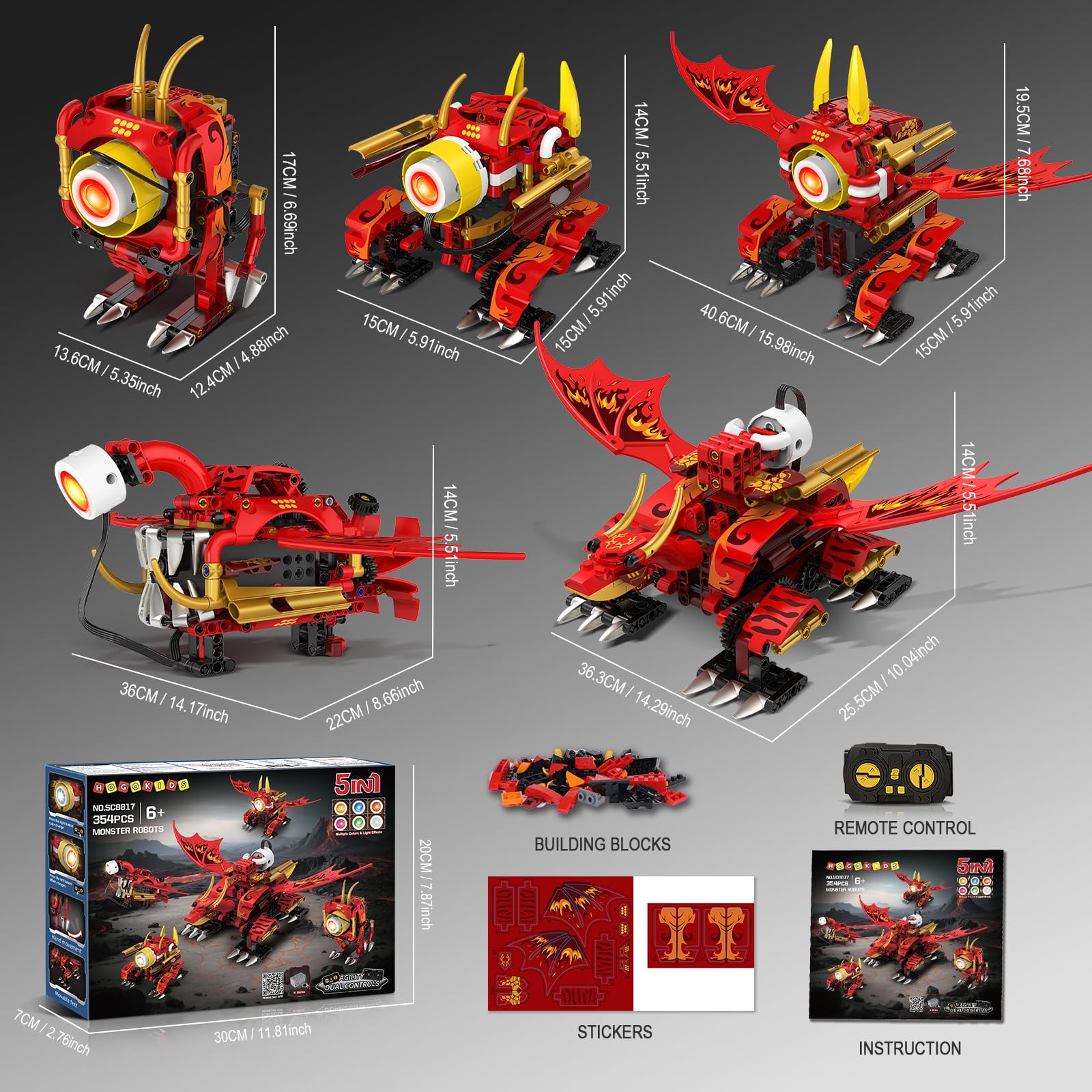HOGOKIDS 5-in-1-Drachenroboter-Bauspielzeug mit 6 Lichtfarben und 5 Lichteffekten – 354PCS Roboter-Spielzeugset mit Fernbedienung und App-Steuerung für Kinder, Geschenke für Jungen Mädchen ab 8 Jahren 8