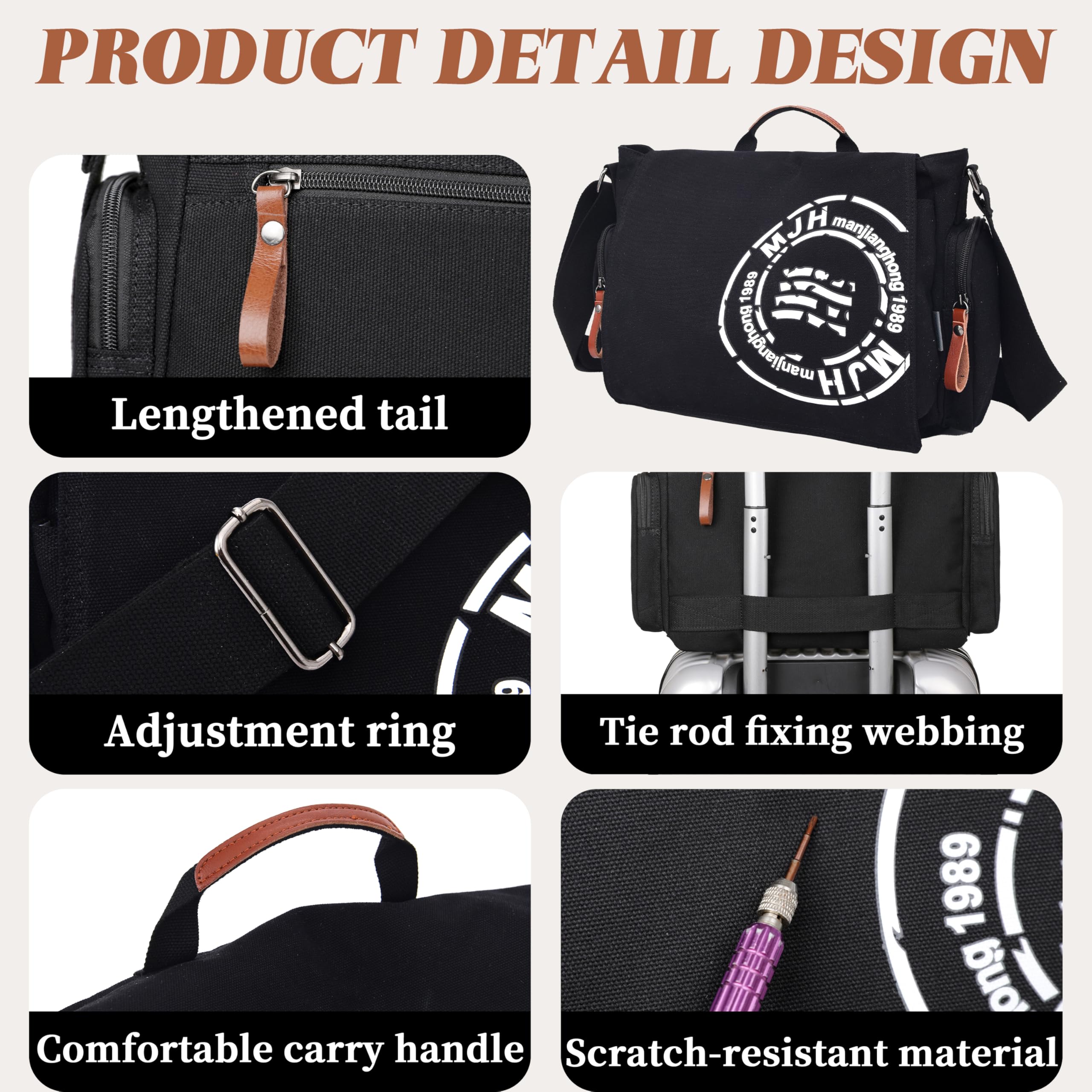 FSD.WG Satchel Messenger Bag for Men Canvas,Travel Shoulder bag 13,5 Zoll Laptop Bags Bookbag, schwarz, Large 5