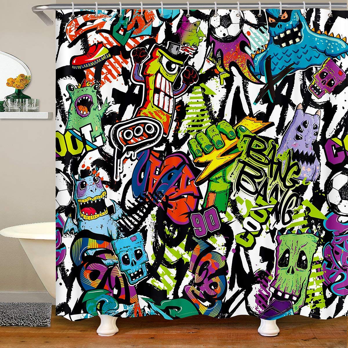 Hippie Graffiti Style Fabric Bathroom Shower Curtain Soccer Waterproof Shower Curtains for Kids Boys Girls Hip Hop Shower Curtain with Hooks Graffiti Curtain,180x180cm
