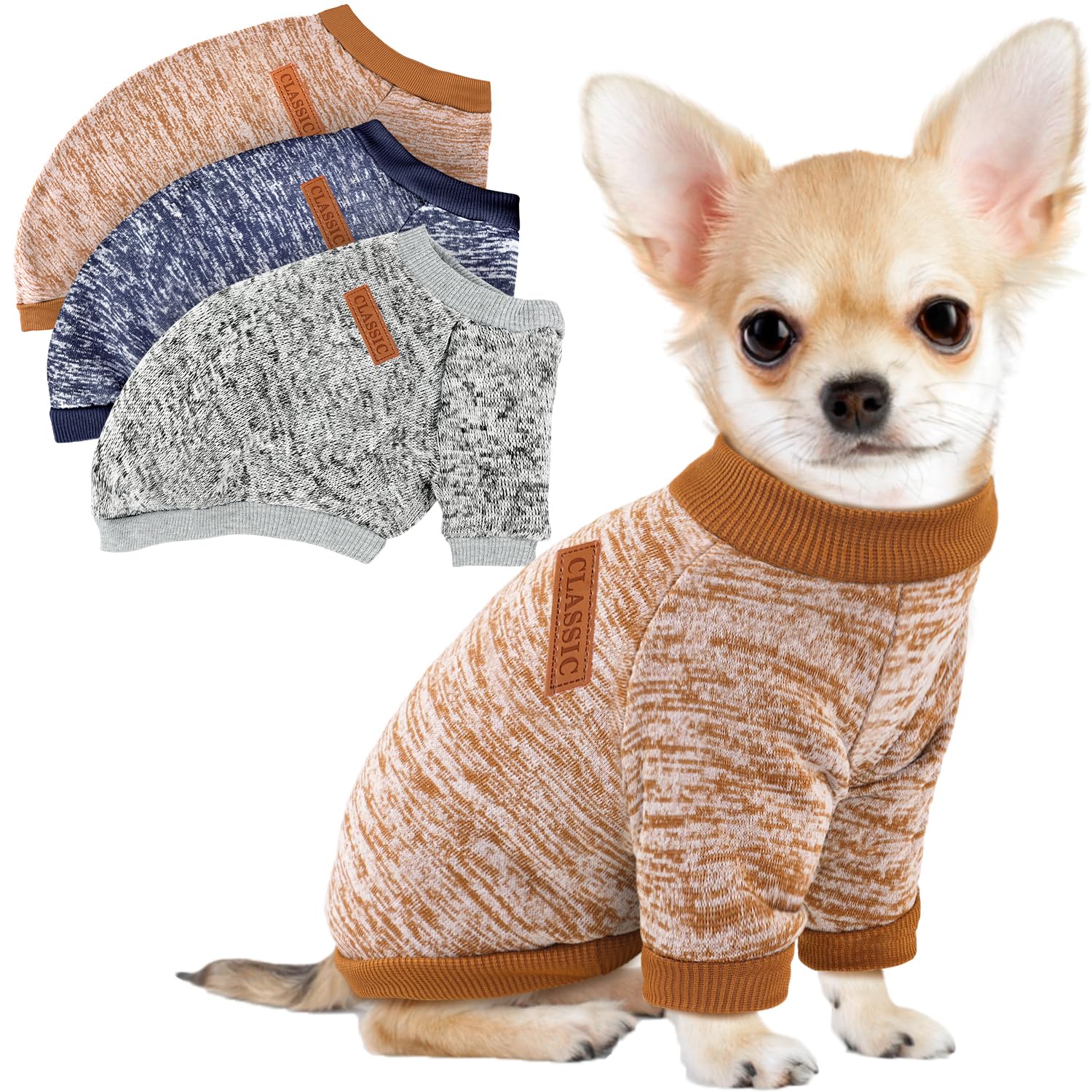 Photo 1 of 3 Pack Dog Sweaters for Small Dogs Girl Boy Winter Fleece Clothes Warm Soft Dog Sweatshirt Outfit for Dogs Cats Pet Apparel (Khaki, Medium)
