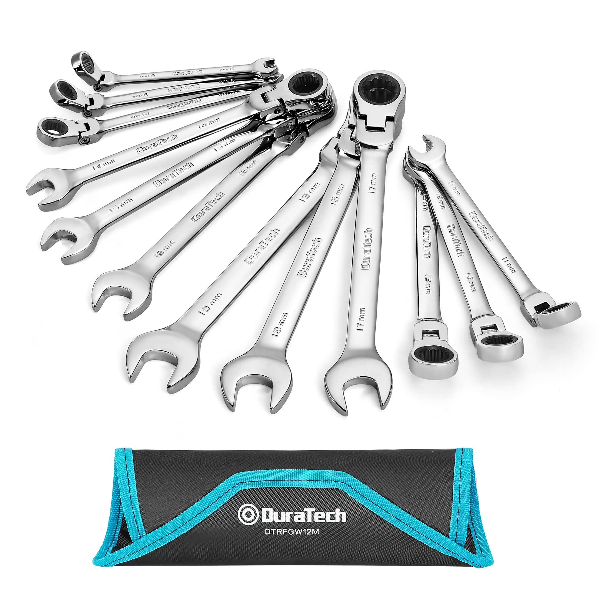 DURATECH Gelenk-Ratschenschlüssel Set, 12-teilig, 8-19 mm, Gabelschlüssel Ringmaulschlüssel Ring-Satz, mit 72 Zähnen, 5° Schwenkbereich, Chrom-Vanadium-Stahl, inkl. Rolltasche