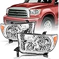 TUSDAR Headlight Assembly Replacement for 2007 2008 2009 2010 2011 2012 2013 Tundra / 2008-2017 Sequoia Driver and Passenger Side Chrome with Amber Reflector Housing with Bulbs