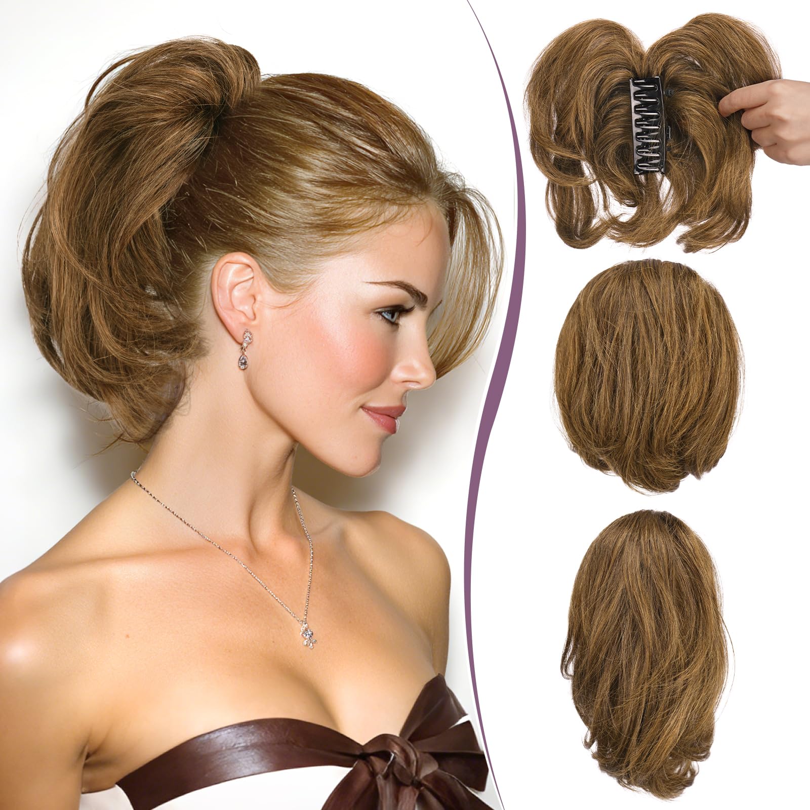 Photo 1 of RUWISS Claw Clip Short Human Hair Ponytail Extension with Bendable Metals for DIY Styles, Straight Messy Bun Hair Piece for Women Thick Hairpieces for Daily Wear, 9 Inch Medium Brown