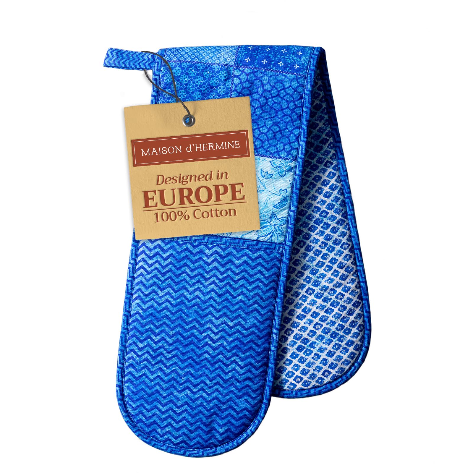 Maison d' Hermine Double Oven Mitts 100% Cotton 18 cm x 89 cm Double Oven Mitt Heat Resistant BBQ Cooking Gloves with Loop Baking Grilling Handling Hot Pans Gifts for Mothers Day (Indigo Love)