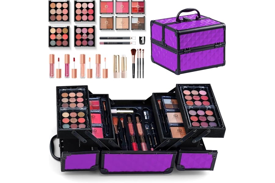 Color Nymph All in one Makeup Kit For Girls Teens, Makeup Set 4 Trays Spacious Space Train Case for Beginner with Eyeshadow Highlighter Lipgloss Blush Contour Concealer Brush Eyeliner Lipbalm
