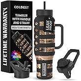 Coldest Tumbler with Handle and Straw, 100% Leak Proof Insulated Tumbler with Lid and Straw (3 Lids), Stainless Steel Tumblers for Women & Men, Cup Holder Friendly, 46 oz (Camouflage Flag)