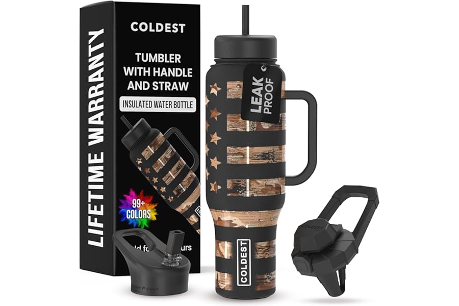 Coldest Tumbler with Handle and Straw, 100% Leak Proof Insulated Tumbler with Lid and Straw (3 Lids), Stainless Steel Tumblers for Women & Men, Cup Holder Friendly, 46 oz (Camouflage Flag)
