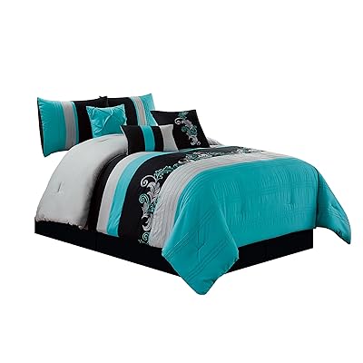 Chezmoi Collection Napa 7-Piece Luxury Leaves Scroll Embroidery Bedding Comforter Set (Queen, Teal/Gray/Black)