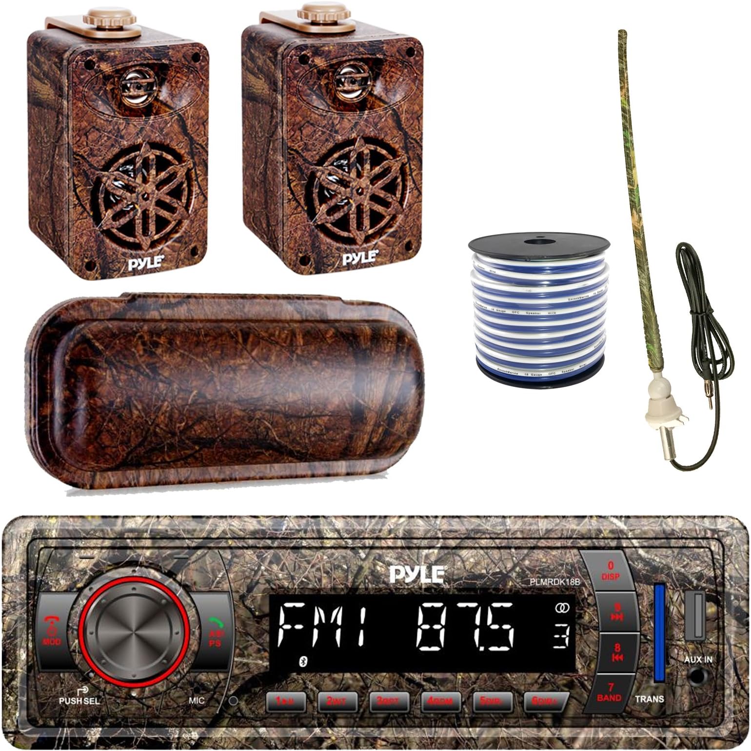 Pyle Marine Single-DIN Bluetooth MP3 USB AUX Camo AM/FM Radio, Pyle 3.5� Wall Mount Indoor / Outdoor 3-Way Camo Speakers (Pair), Stereo Shield Cover, Enrock Camouflage Boat Antenna, 18-G 50 Ft Wire