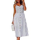 Angashion Women's Dresses-Summer Floral Bohemian Spaghetti Strap Button Down Swing Midi Dress