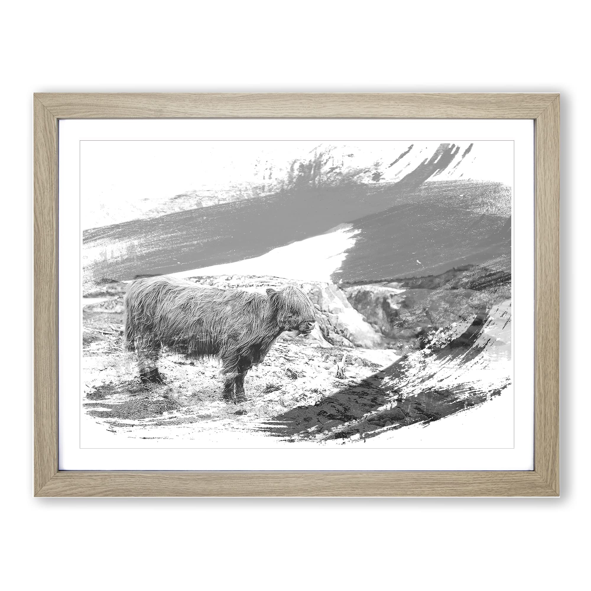 Highland Cow Landscape V1 Modern Framed Print | A4 Oak Framed Wall Art | Ready to Hang | Modern Animal Picture | Living Room Bedroom Lounge Office