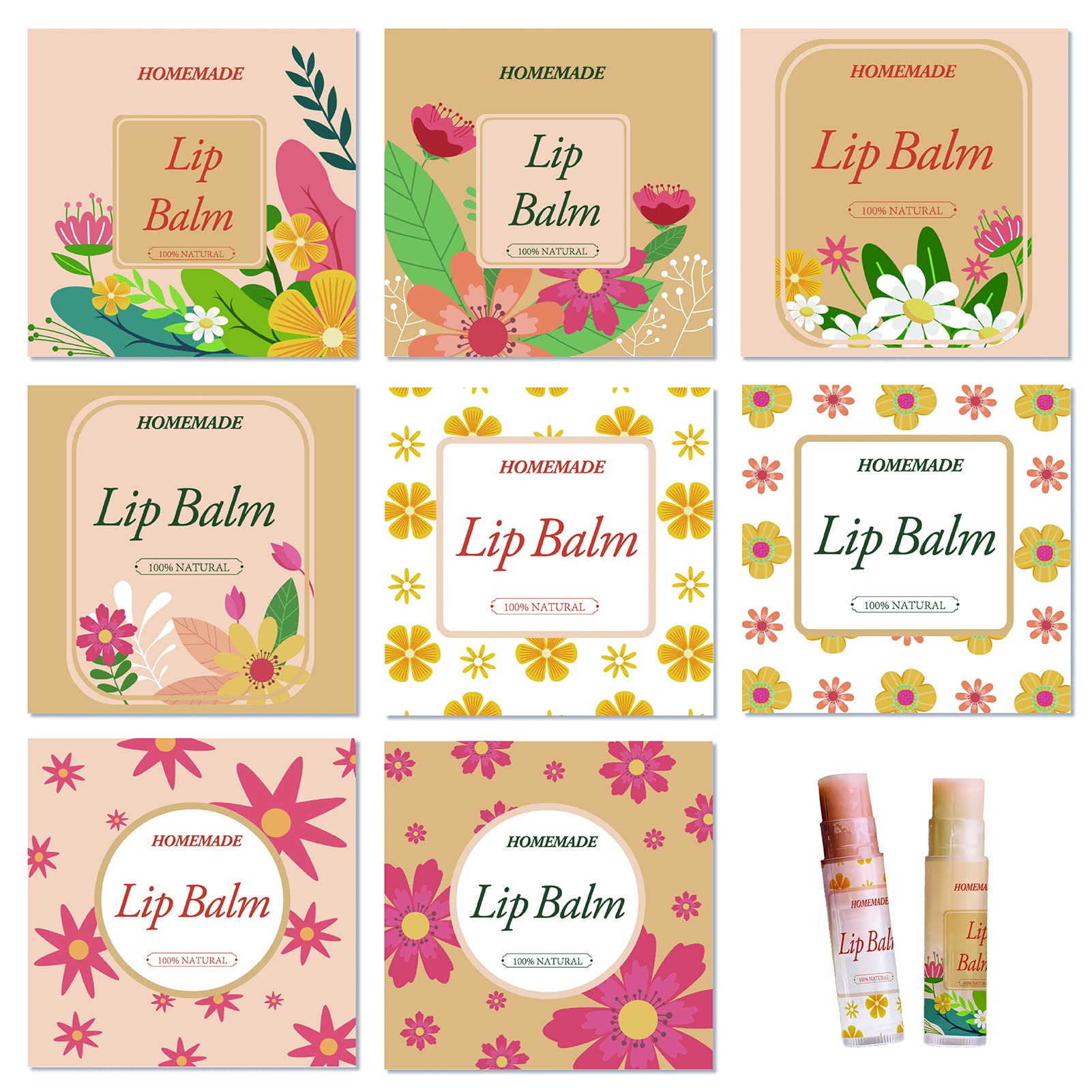 CRASPIRE Lip Balm Labels 80pcs Homemade Lipstick Labels 2” DIY 100% Natural Lip Balm Labels for Tubes Waterproof Flowers Lip Balm Stickers Labels for Lip Balm Container