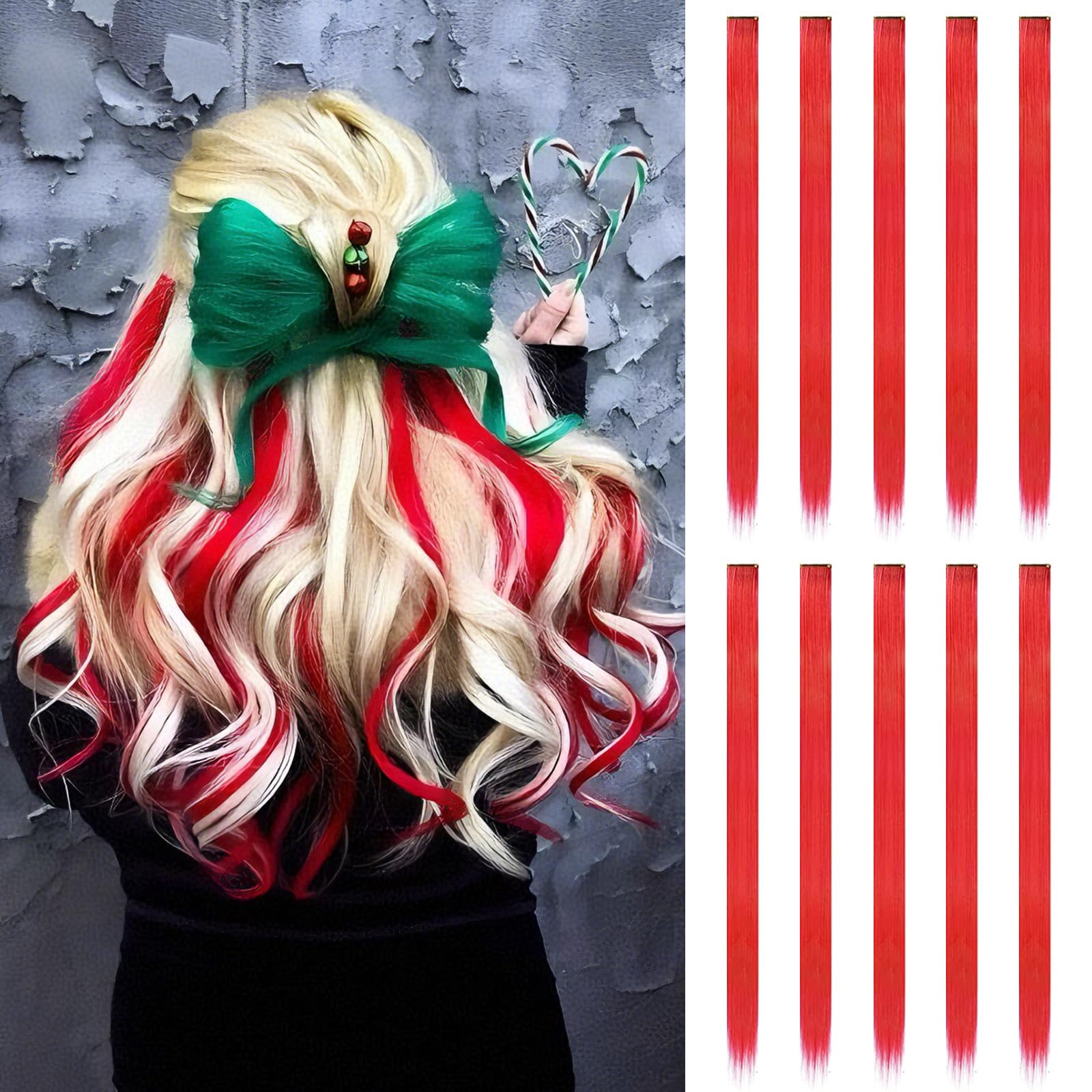 FESHFEN Coloured Clip in Hair Extensions, Red 10 PCS Highlight Colourful Straight Synthetic Clip in Hairpiecess for WomenDaily Party, 22 inch โ image 1