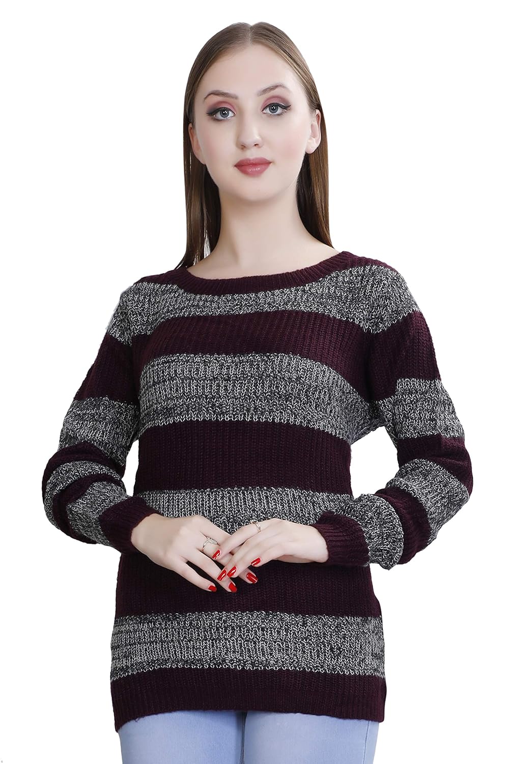 oleta- women's acrylic striped sweater/pullover with round neck purple