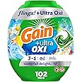Gain Flings Ultra Oxi Laundry Detergent Pacs, 102 Count, Waterfall Delight Scent, 3-in-1, HE Compatible