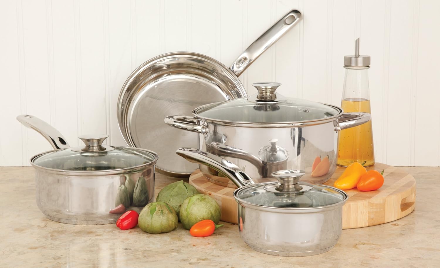 Sunbeam Ansonville 8-Piece Cookware Set, Silver/Brass: Gibson Overseas Inc: Kitchen & Dining