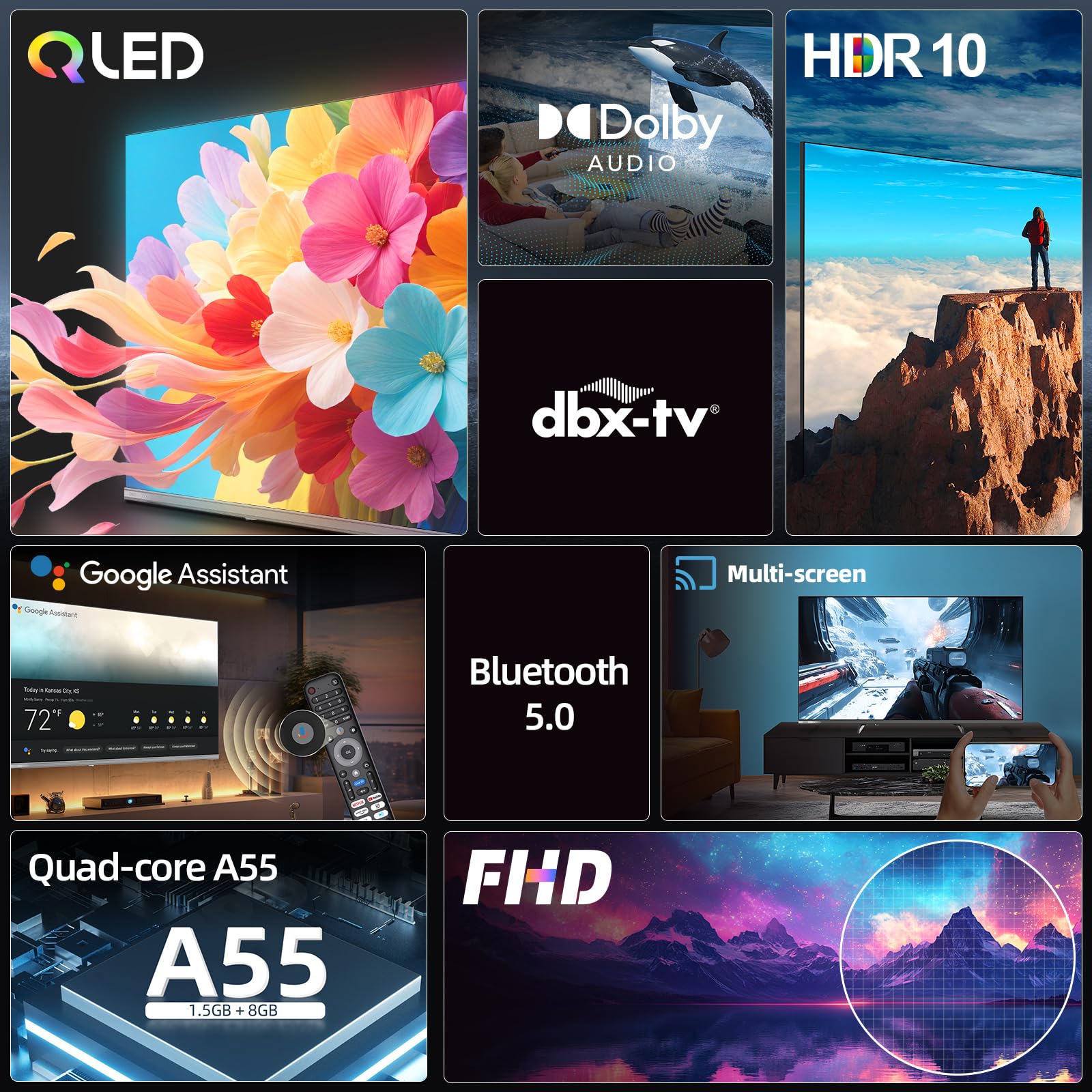 CHIQ L40QST 40 Zoll (101cm) FHD, QLED Pro Smart Google TV, Kompatibel mit HDR10, DBX-tv, Apple AirPlay, Prime Video, YouTube, Dolby Audio, mit Google Sprachsteuerung, Rahmenloses Design 3
