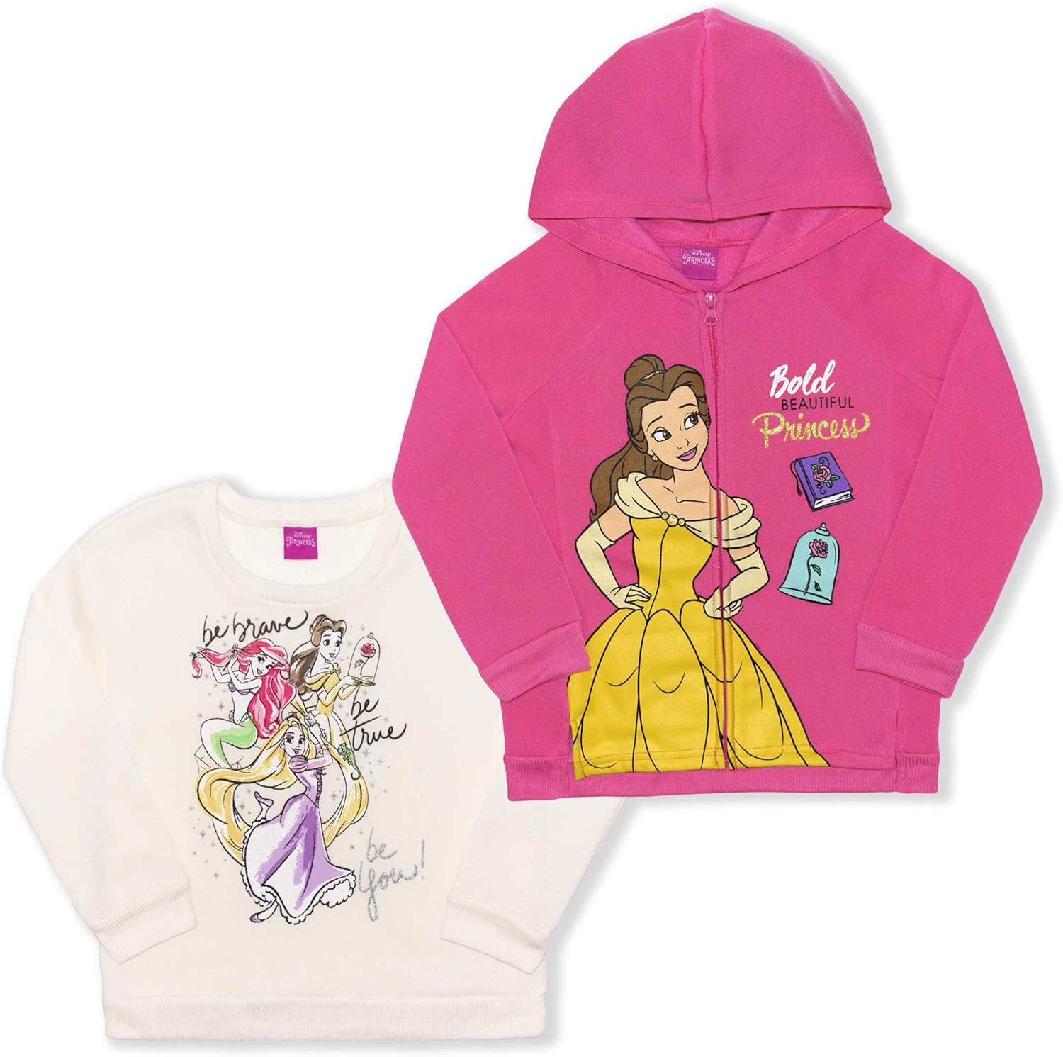 Disney Princess Girls 2Piece Zip Up Hoodie and Crewneck Sweatshirt Set