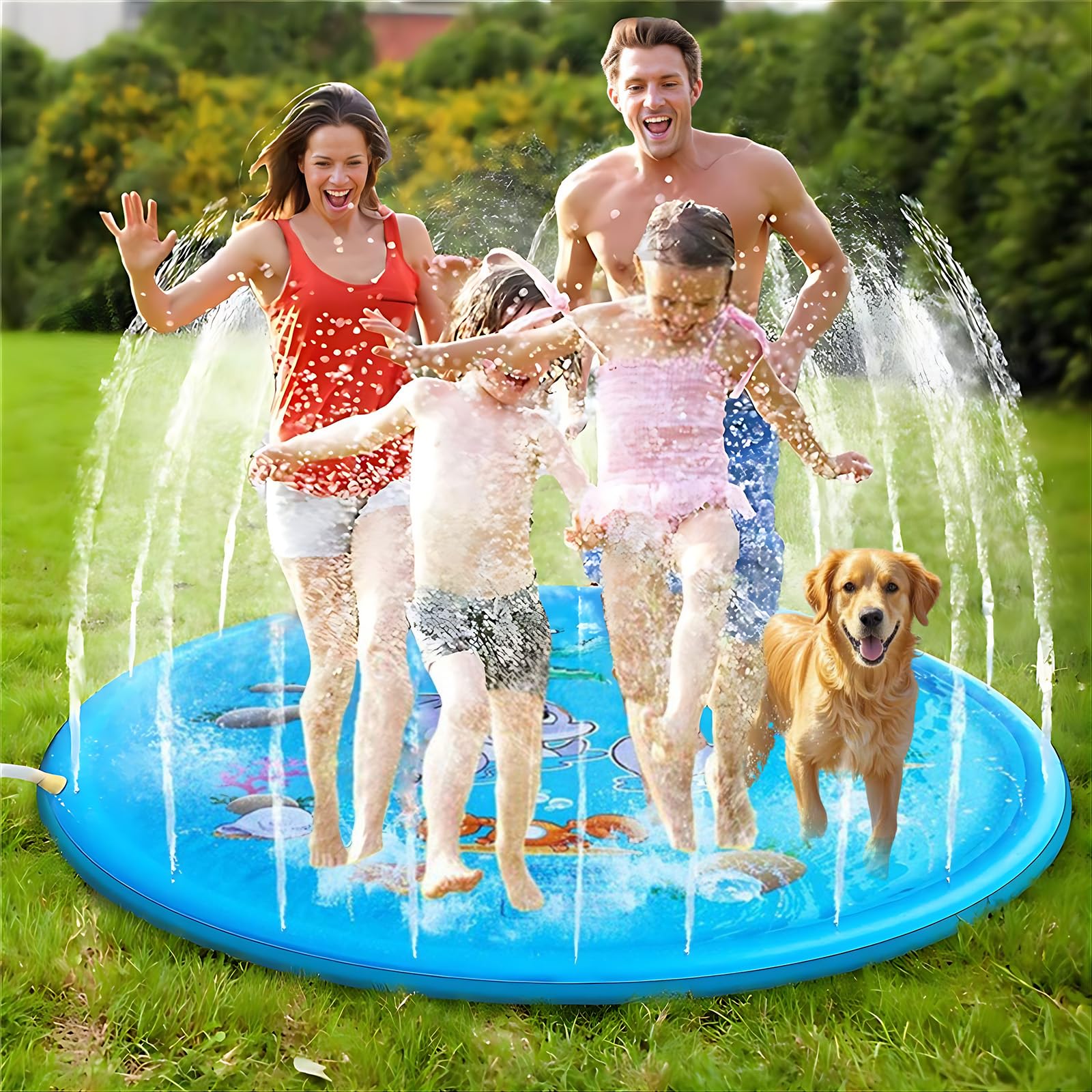 170cm Extra Large Round Dolphin Sprinkler and Water Play Mat, Thickened Non-Slip Water Sprinkler Pad Inflatable Water Toys, Gift for Kids Dogs, Summer Garden Outdoor Play（Blue）