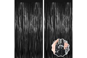 FORLVWOON Black Foil Curtain Backdrop,2Pack Black Metallic Tinsel Foil Fringe Curtains Photo Booth Props for Birthday Wedding Engagement Baby Shower Bachelorette Christmas Halloween Disco Party Door Decorations
