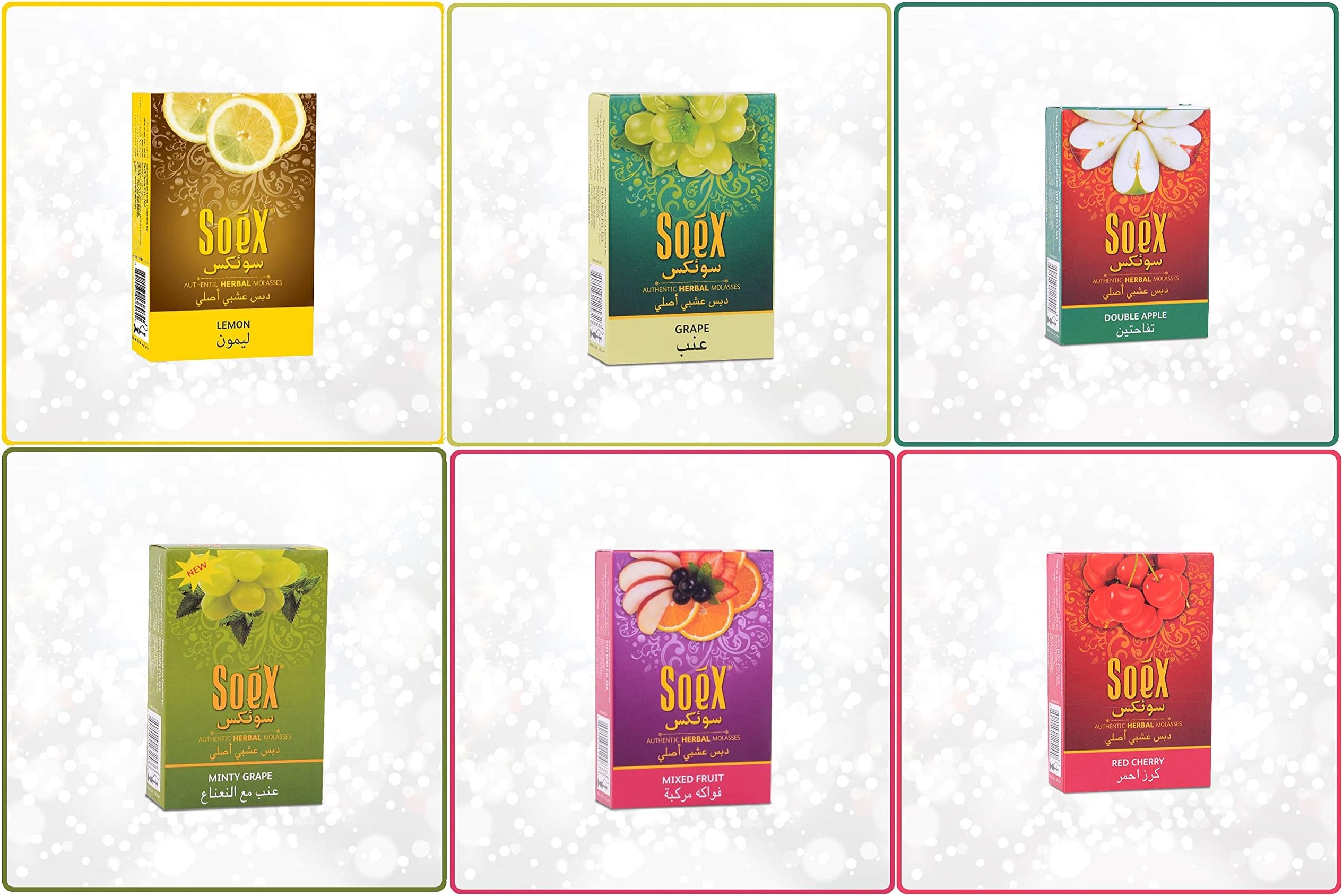 Lot of 6 Soex Flavors Lemon Grape Double Apple Minty Grape Red Cherry Mix Fruits Herbal Shisha Molasses for Smoking a Hookah Narguila Water Pipe No Nicotine No Tobacco